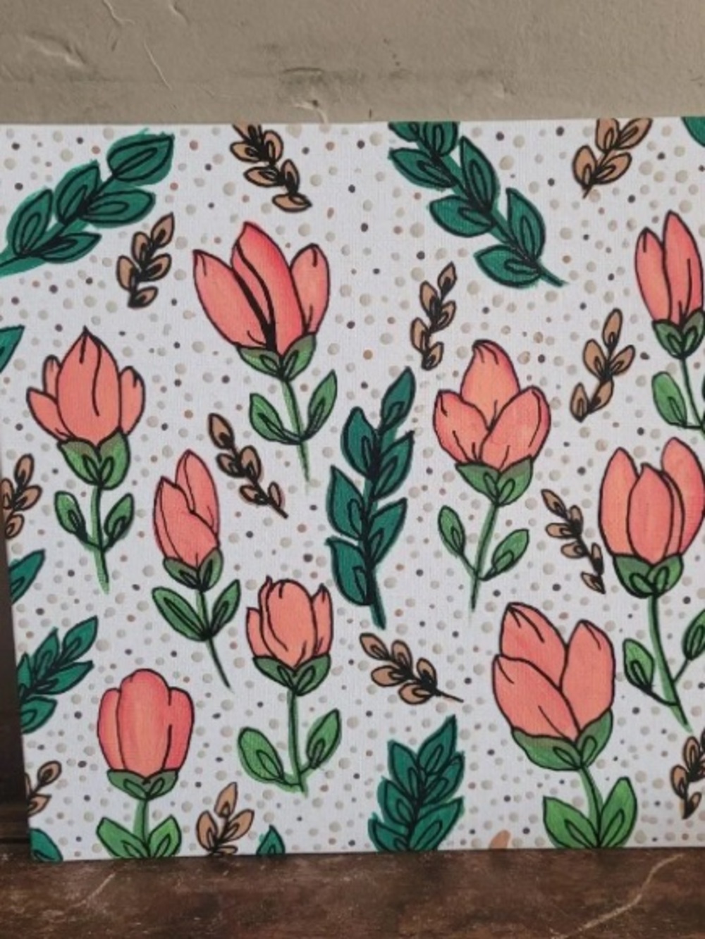 Handmade 8"x8" painted canvas panel pink spring tulip greenery